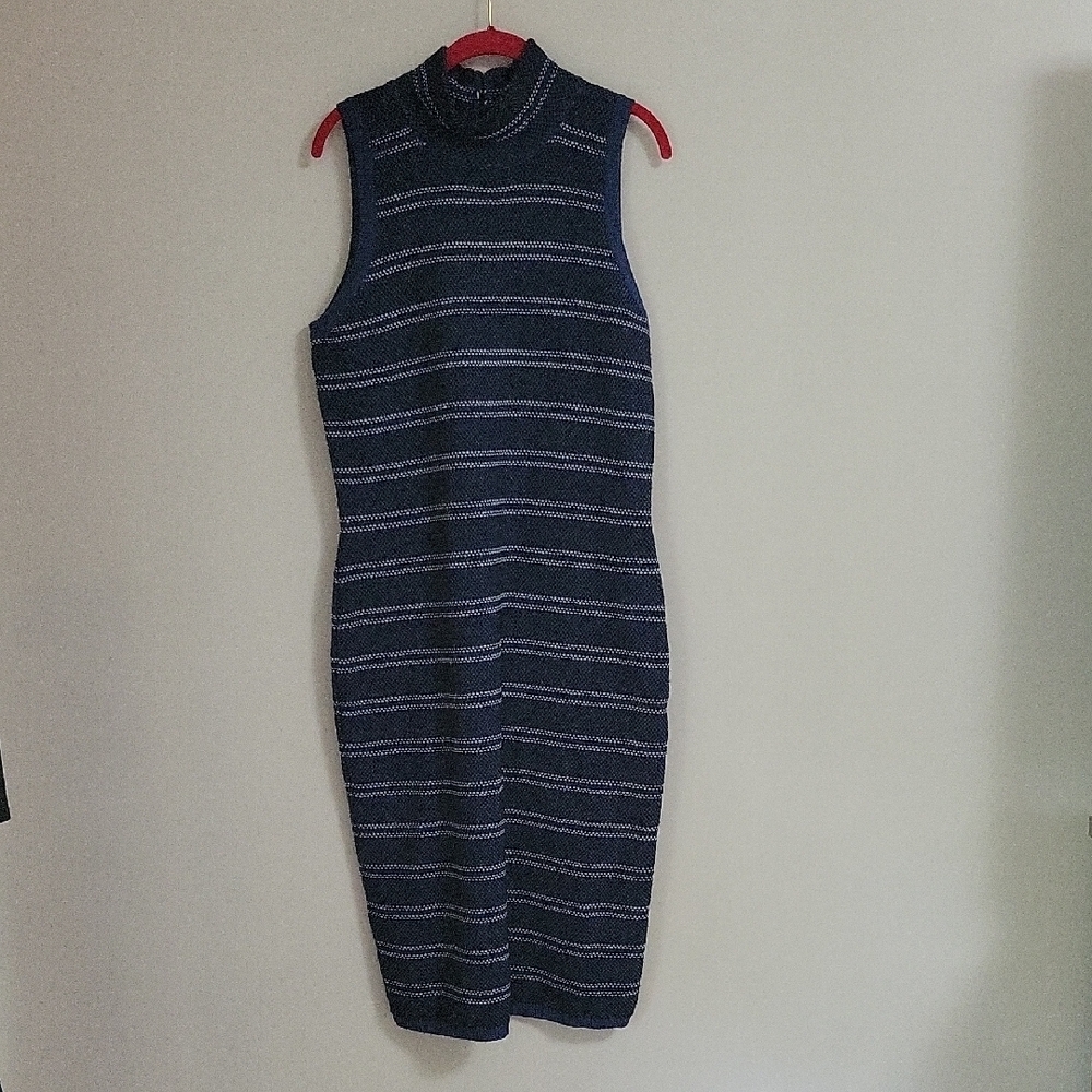 WHBM Blue White & Black Stripe Dress Wool Blend Back Zipper Detail Size 14 EUC